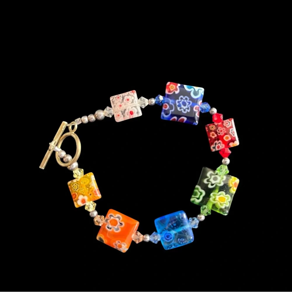 Millefiori Multi-Color Venetian Glass Bead Bracelet with Sterling Silver Clasp